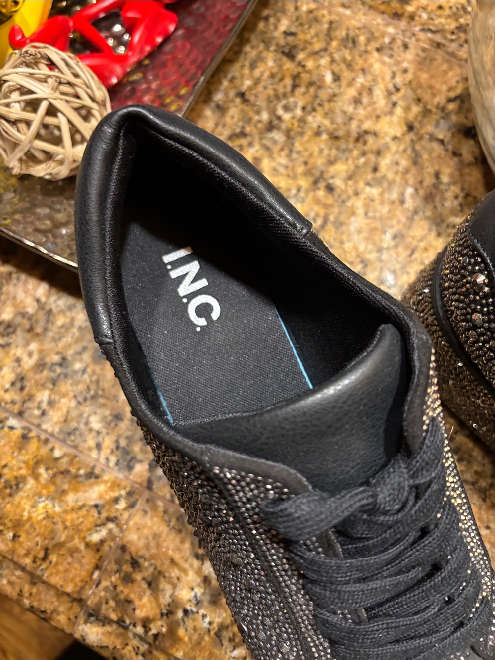 Black platform sneakers with all-over rhinestone embellishment. - Picture 9 of 9